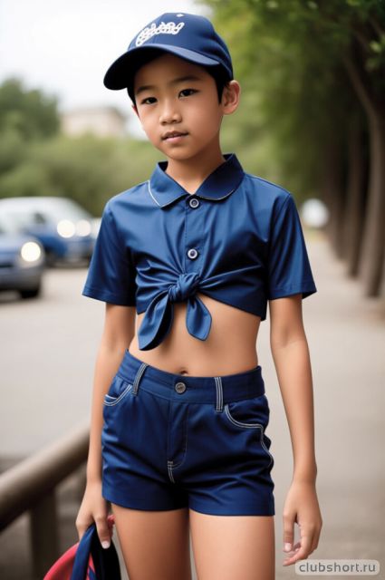 Cute chinese boy in short shorts and knotted shirt